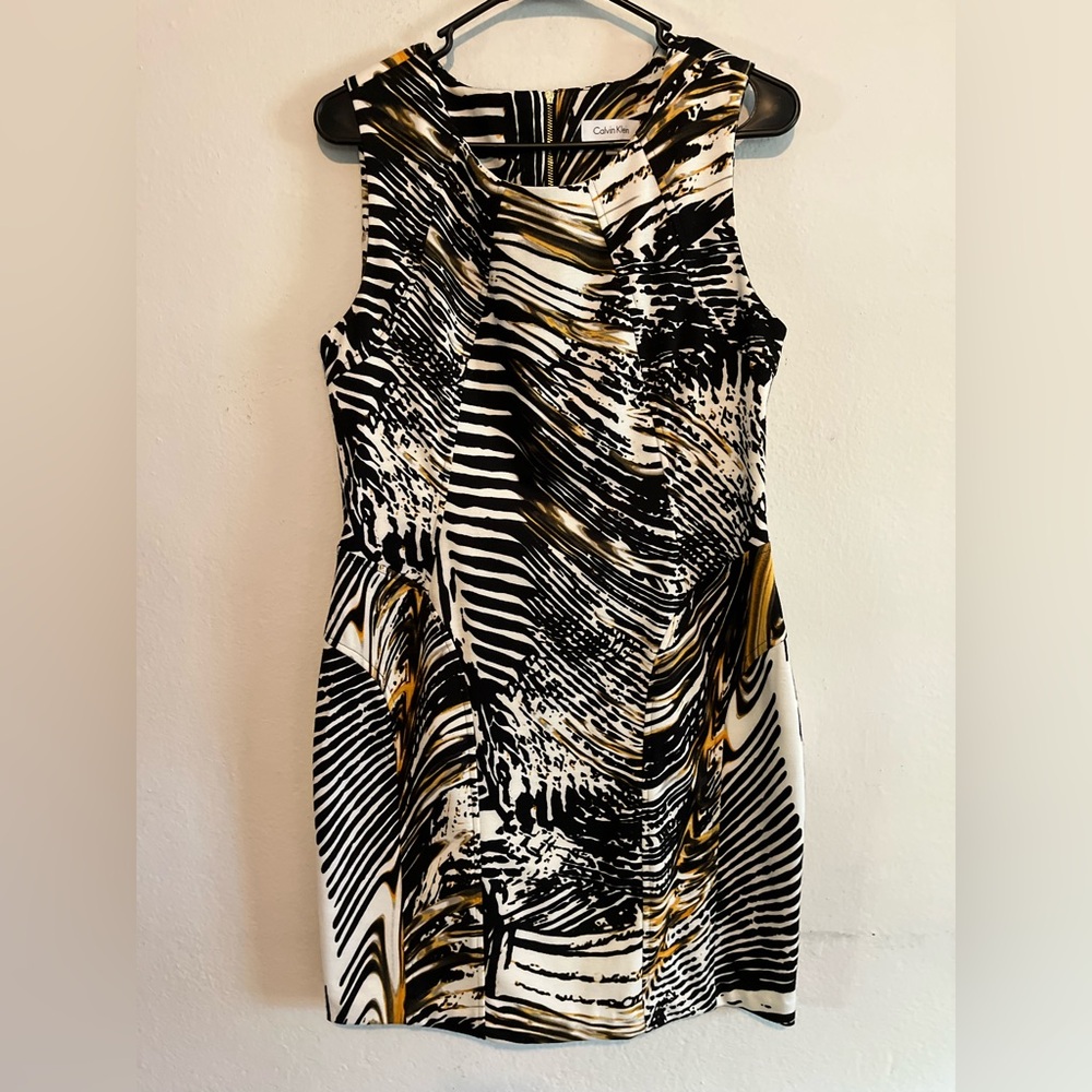 Calvin Klein Abstract Black and Gold Mini Dress Business Work Size 10